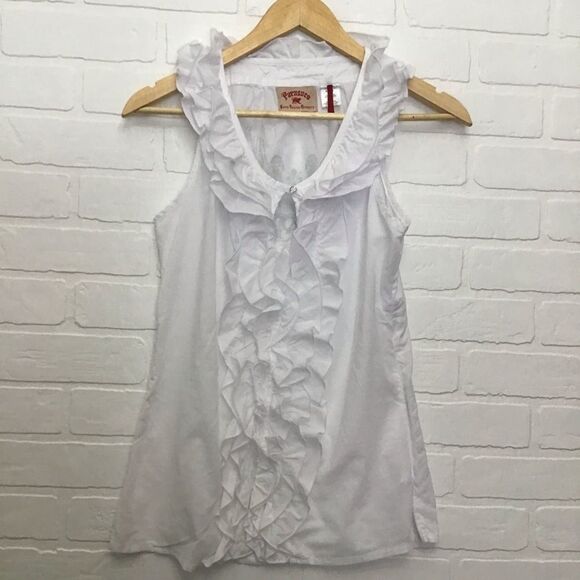 2/40$ PARASUCO XS white ruffle detailed top woven shirt blouse sleeveless cotton - Picture 2 of 7